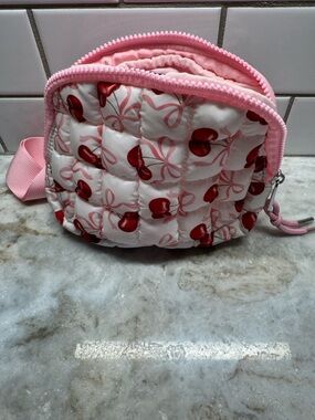 Pink Quilted Cherry Print Crossbody Bag